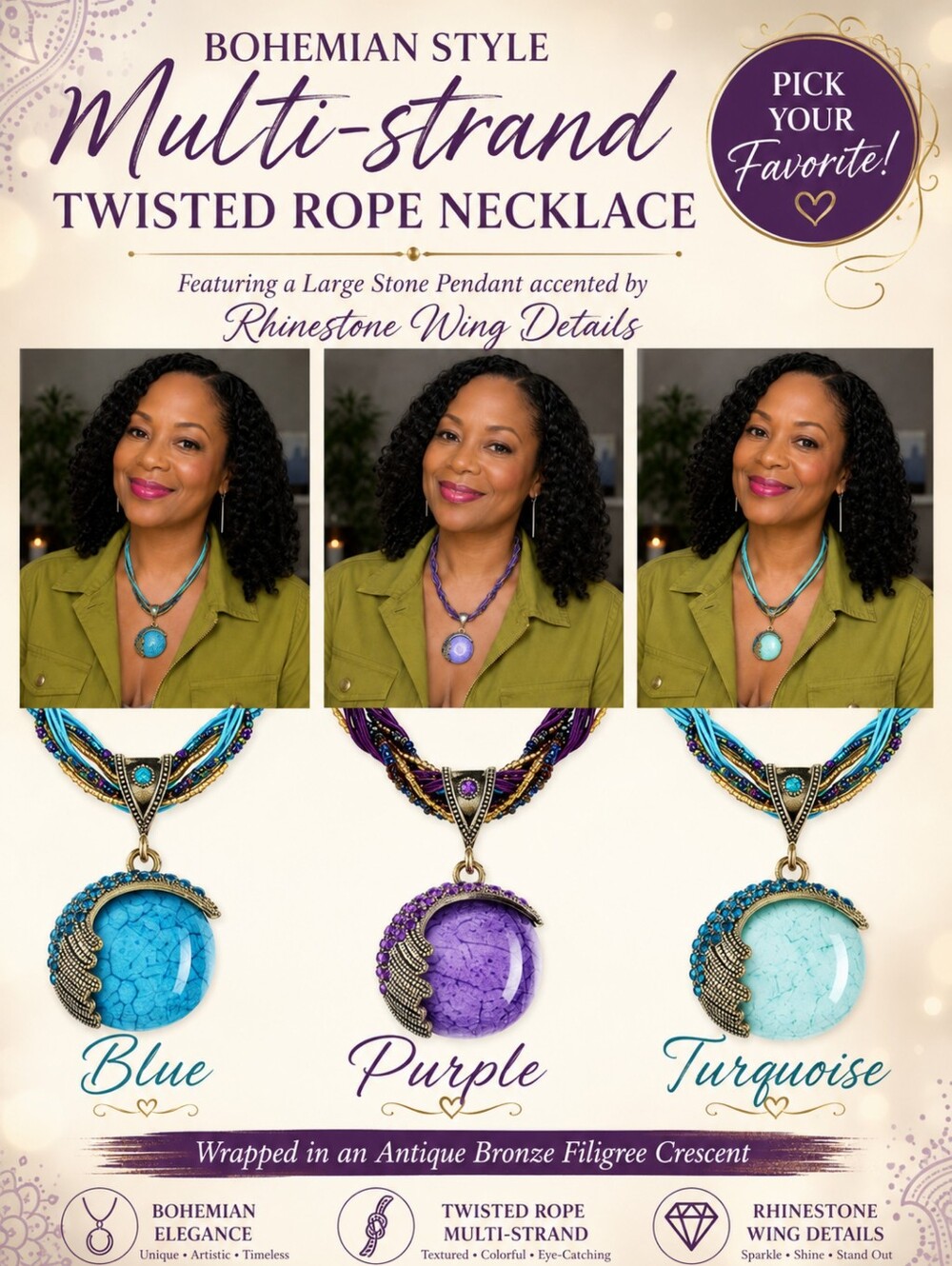 Bohemian Style Multi-Strand Twisted Rope Stone Pendant Necklace PICK YOURS!